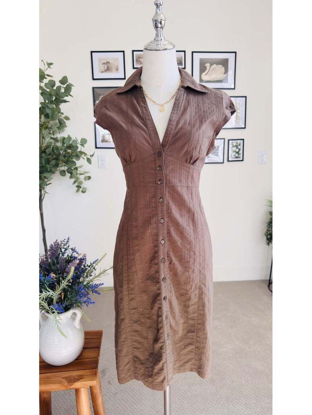 H&M Brown Textured Button-Down Cap Sleeve Midi  Size US 8